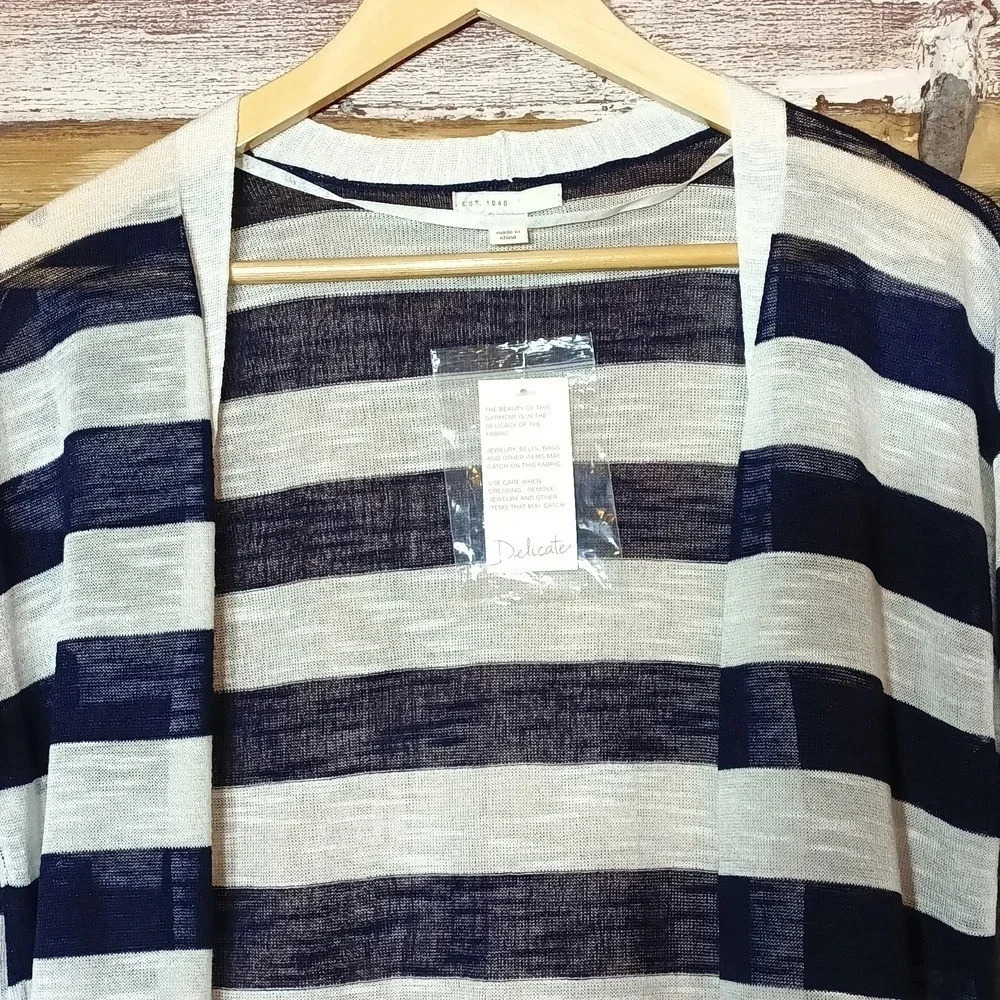 Sheer Navy White Striped Cardigan 3/4 Sleeves Coastal Capsule Nautical M - Picture 4 of 11